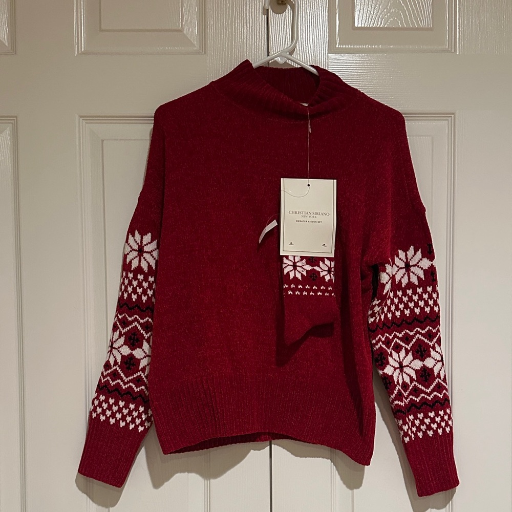 Christian Siriano Red and White Snowflake Turtleneck Sweater